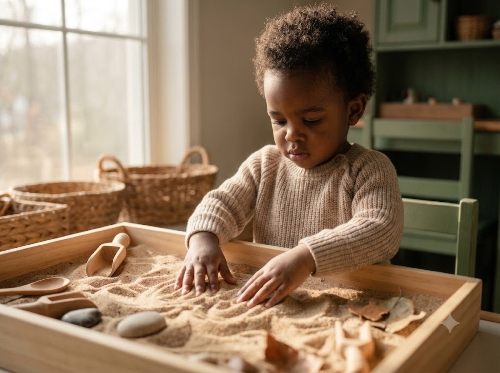 Toddler absorbed in sensory sand tray
