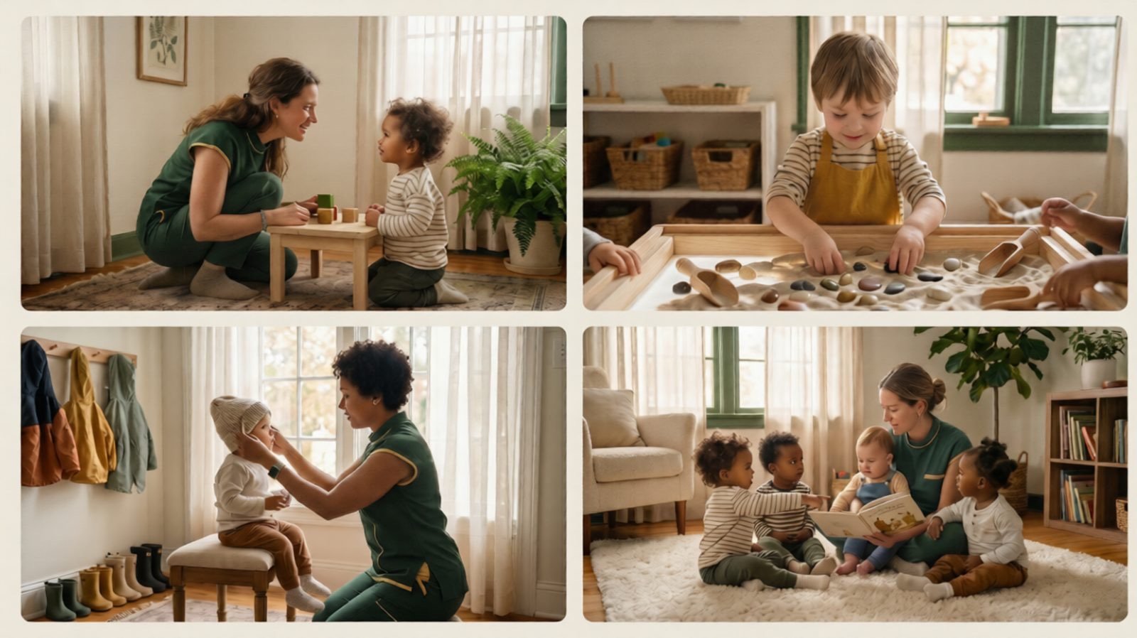 Four scenes: caregiver attunement · sensory play · morning routine · small group