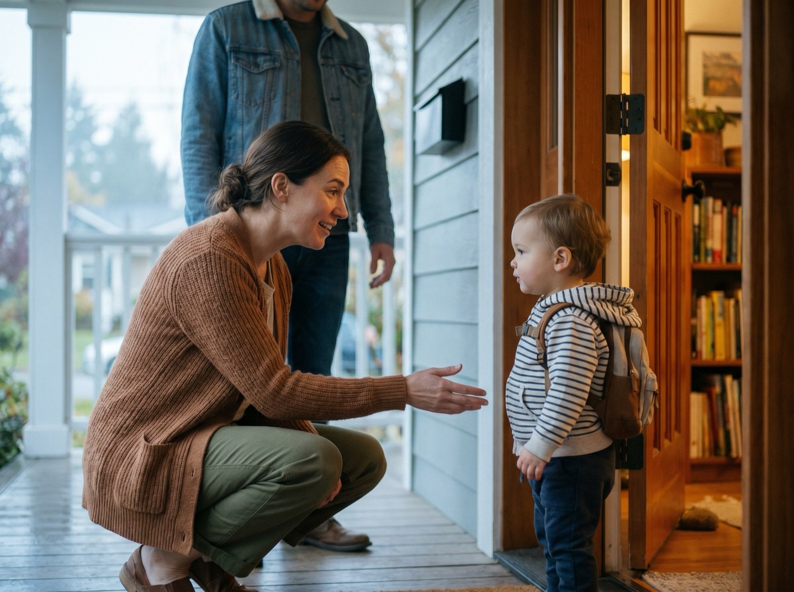 Caregiver greeting parent & child at door