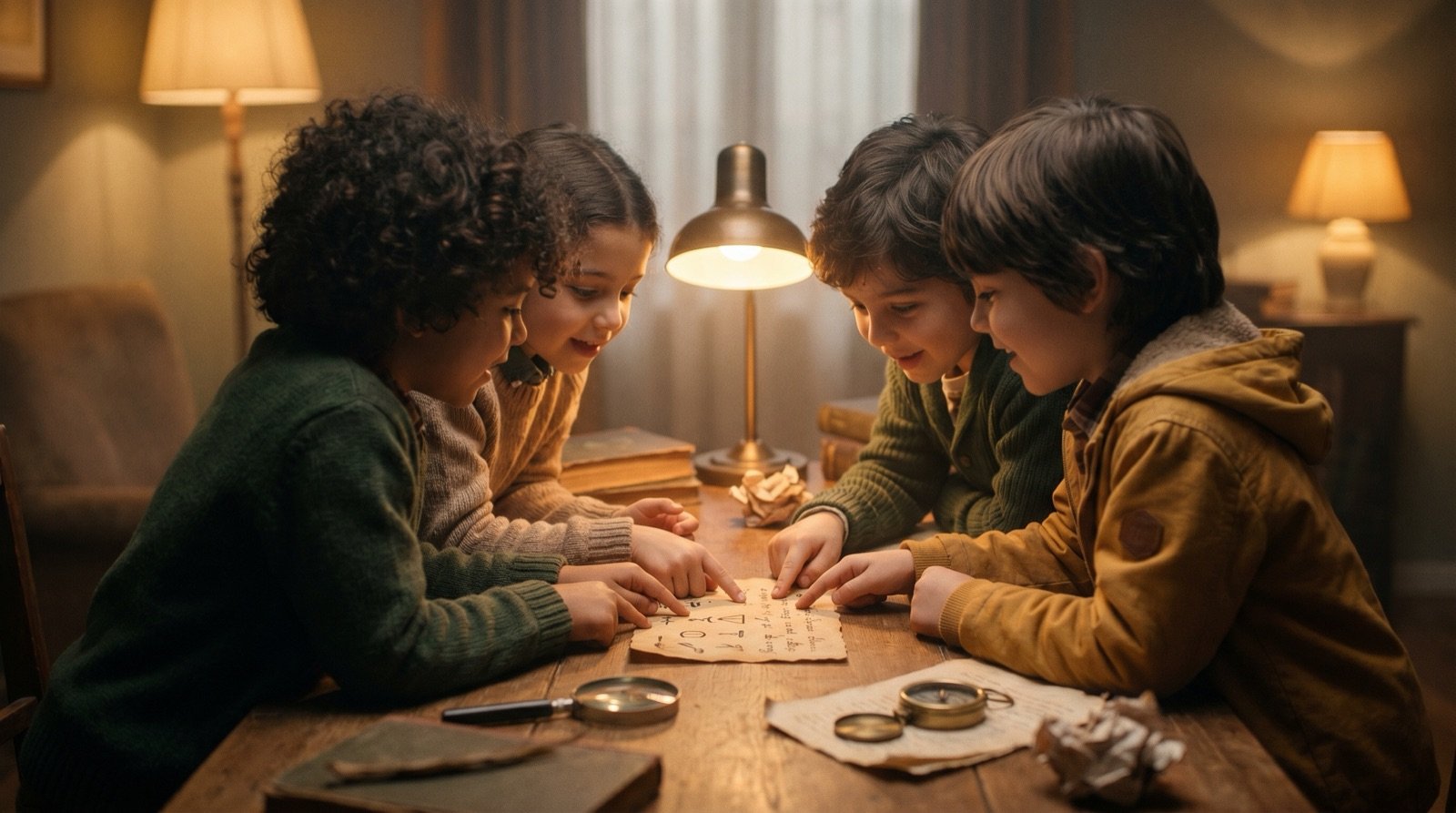 Children huddled together examining a clue card · excited expressions