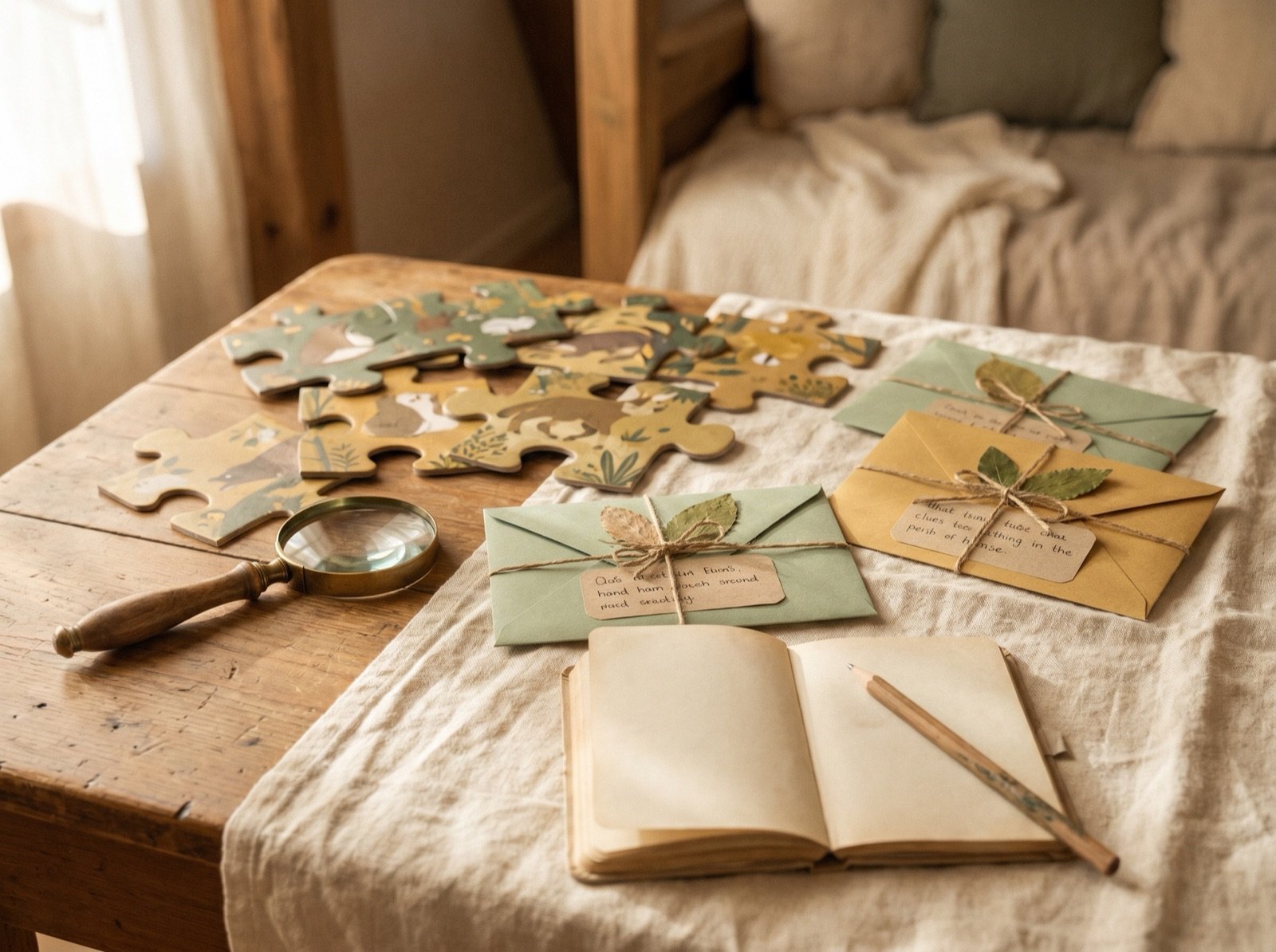 Puzzle pieces · magnifying glass · colorful clue envelopes on a table