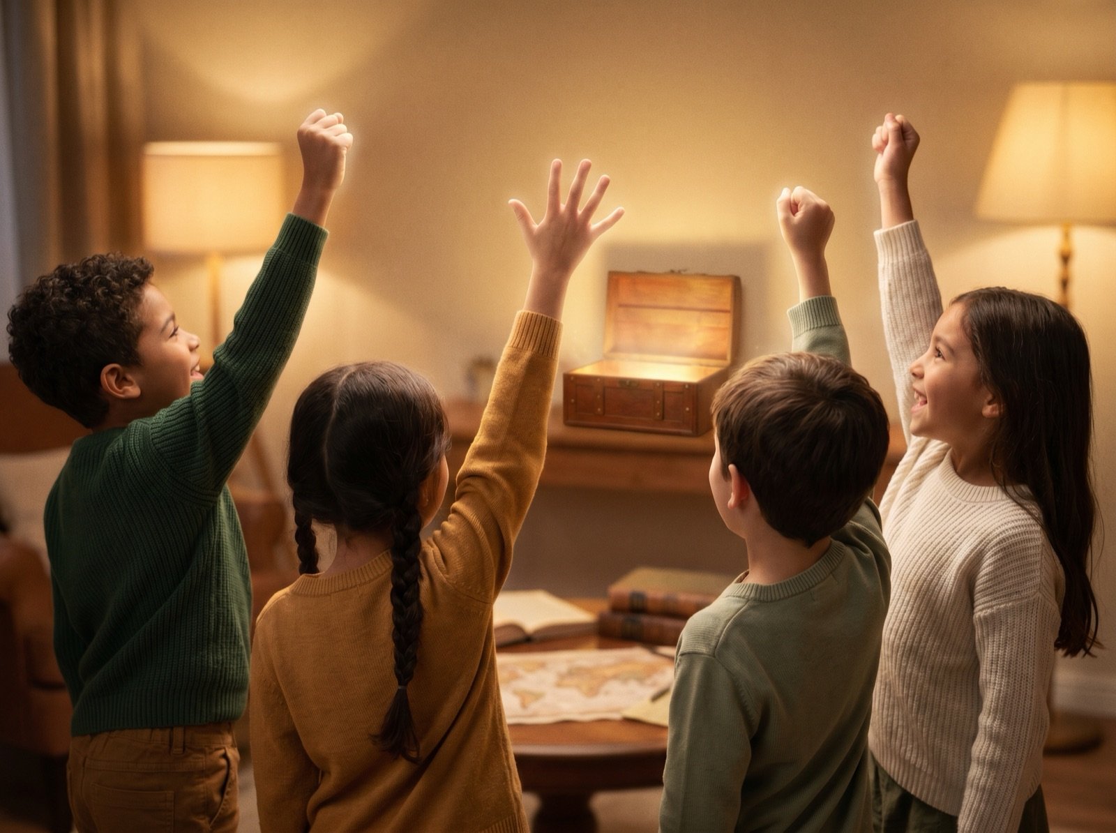Children celebrating · solving the final clue · arms raised in triumph