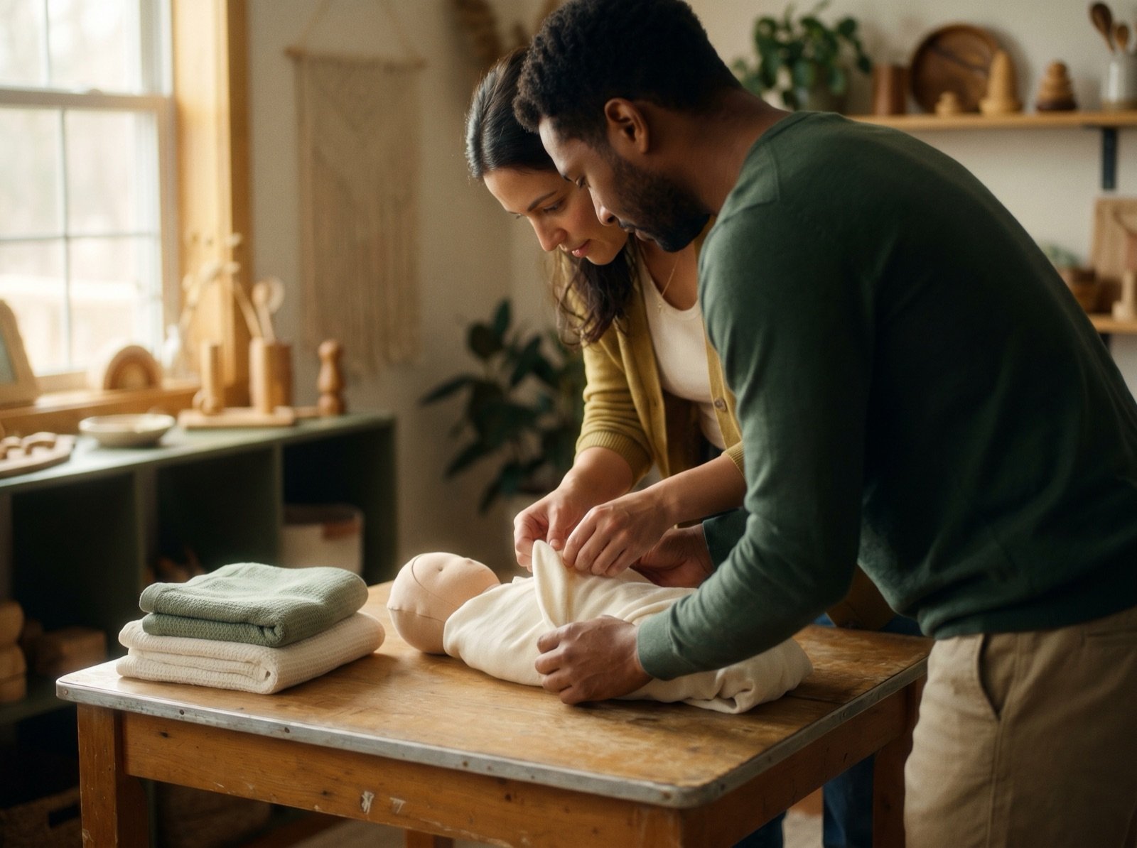 Couple practicing swaddling at workshop