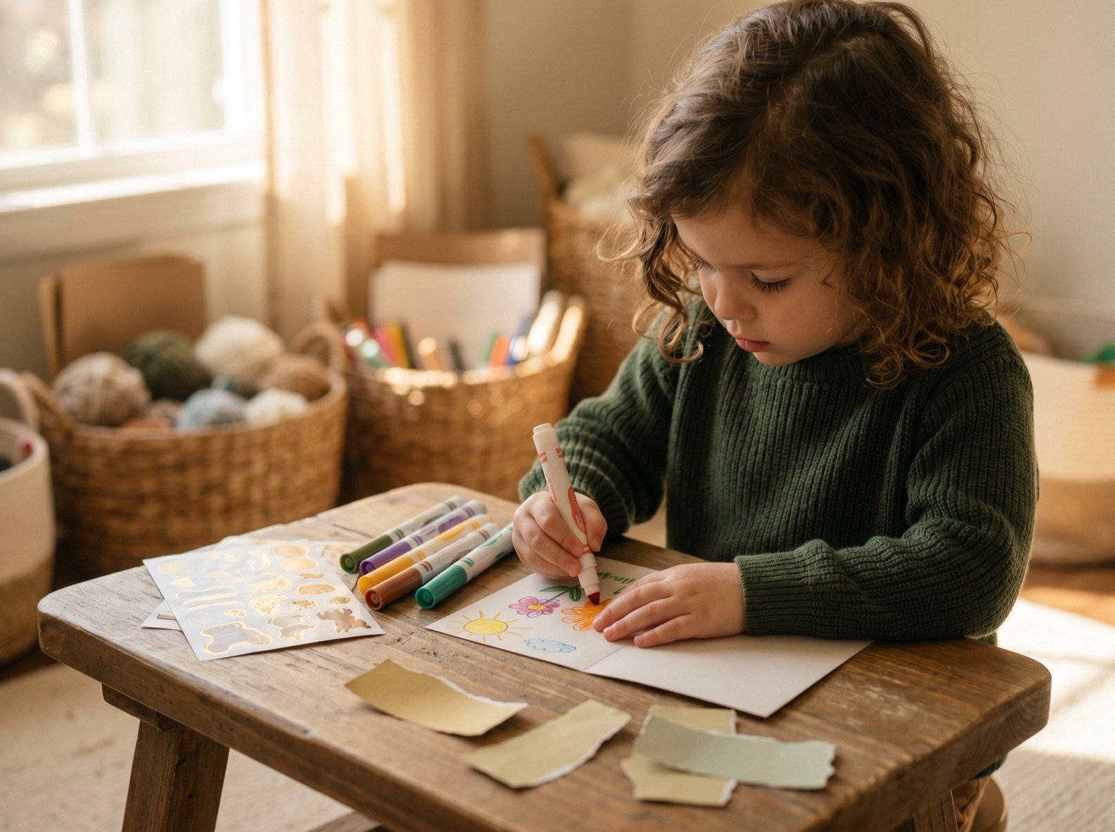 Child carefully drawing a colorful picture on a handmade card · markers and stickers