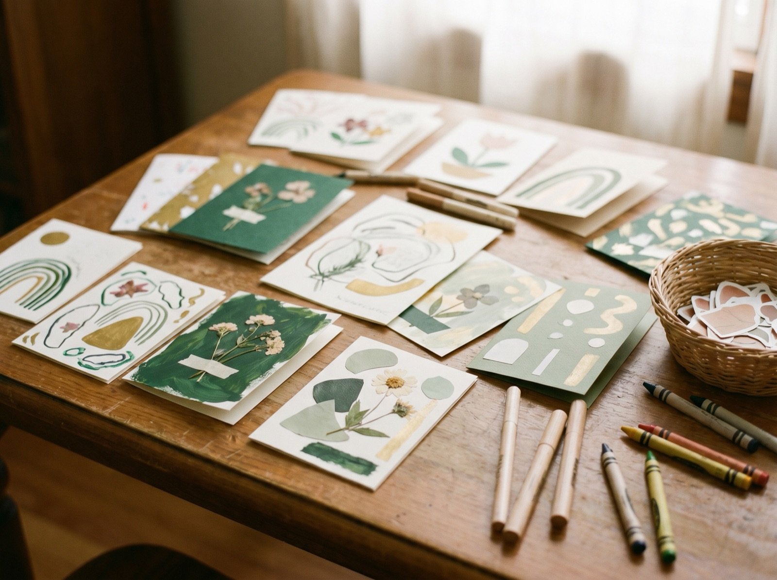 Collection of finished handmade cards and letters spread across a table