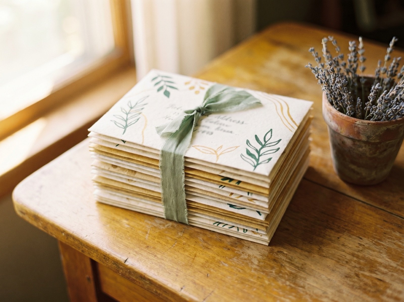 Stack of sealed envelopes ready to be mailed, colorful and handcrafted