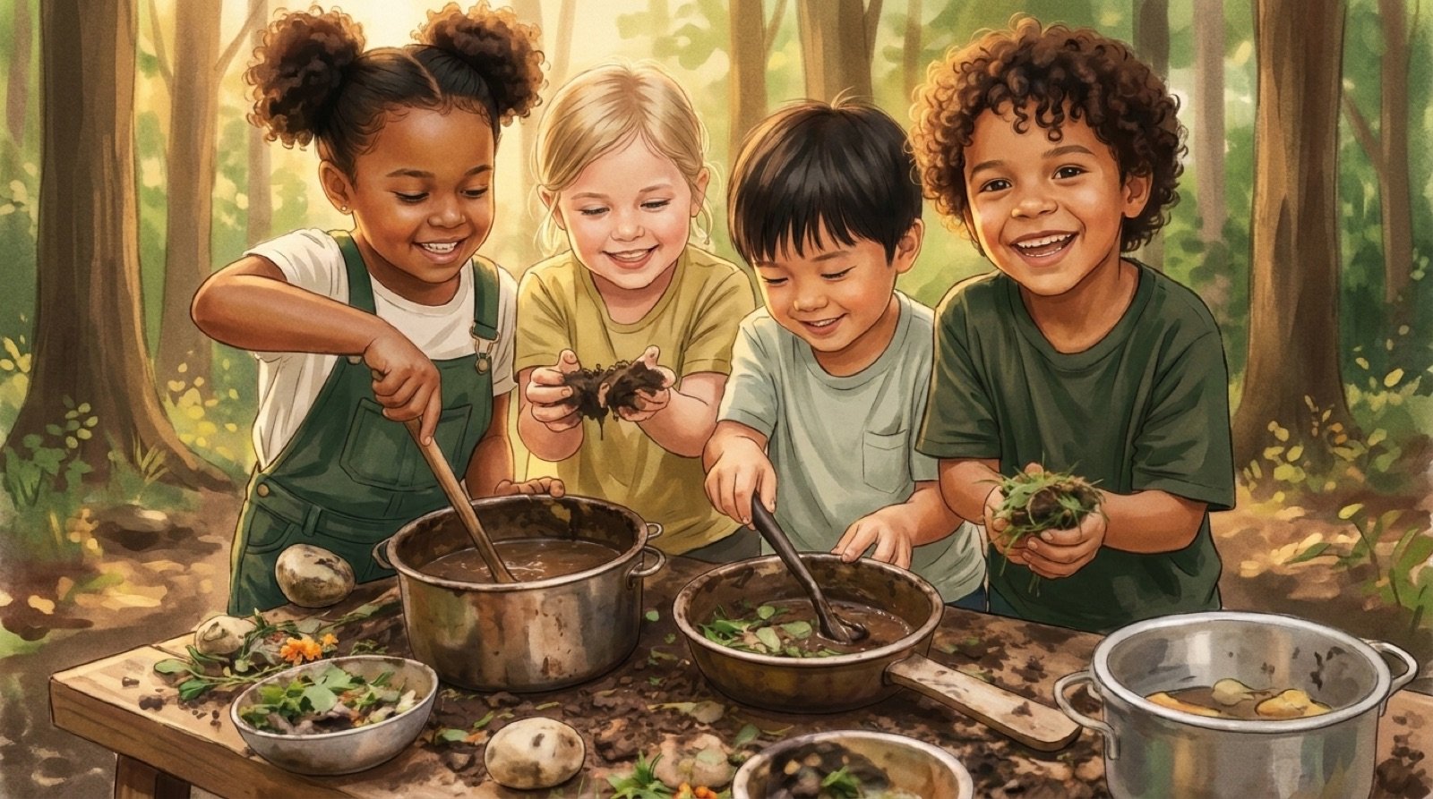 Children playing outdoors with mud, water and sticks
