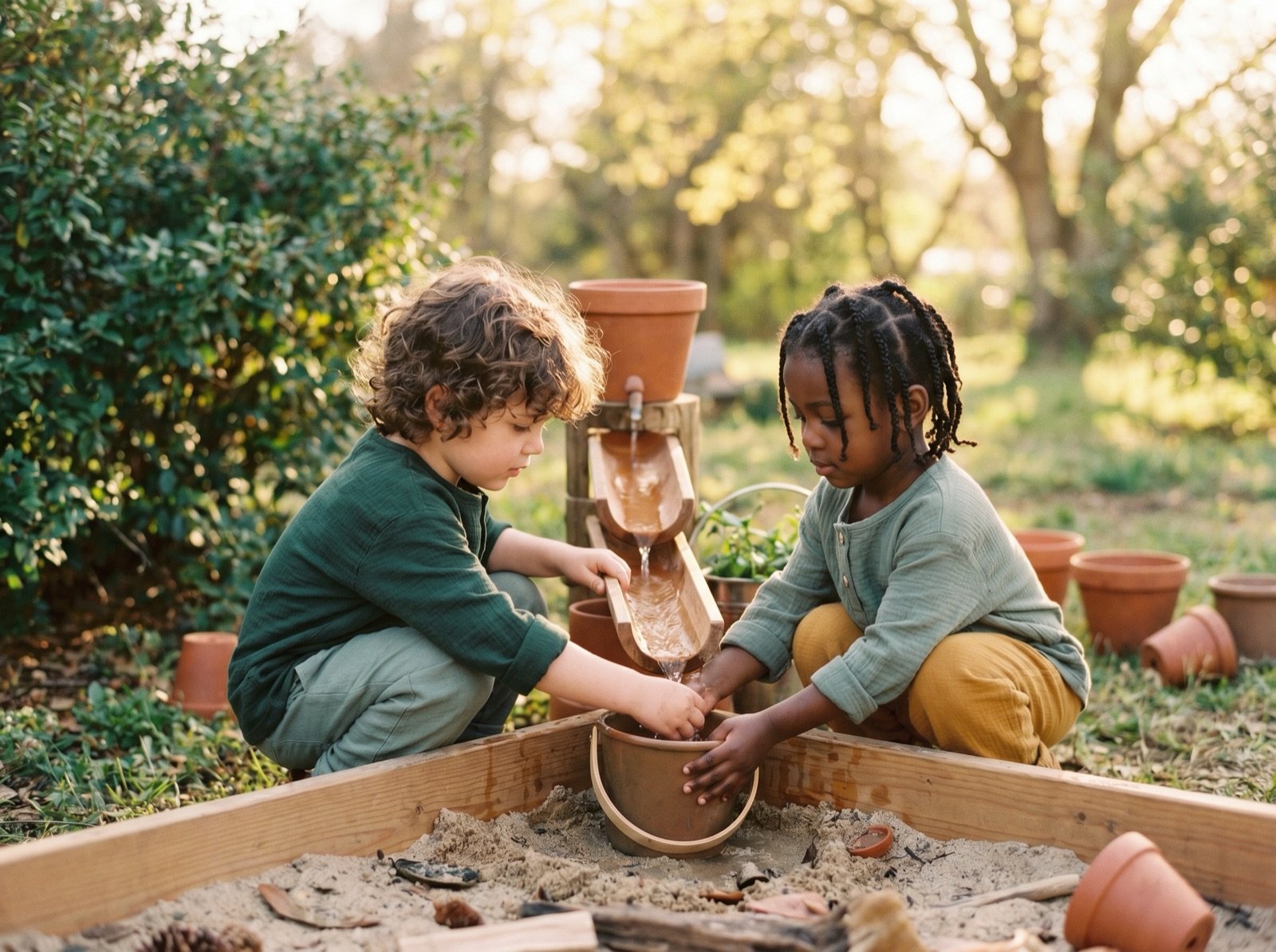 Children in a outdoor play area · natural materials · sandbox and water station