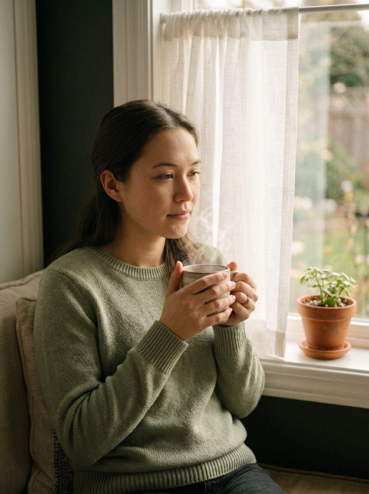 Warm, candid photo of Ms. Tee with a cup of tea