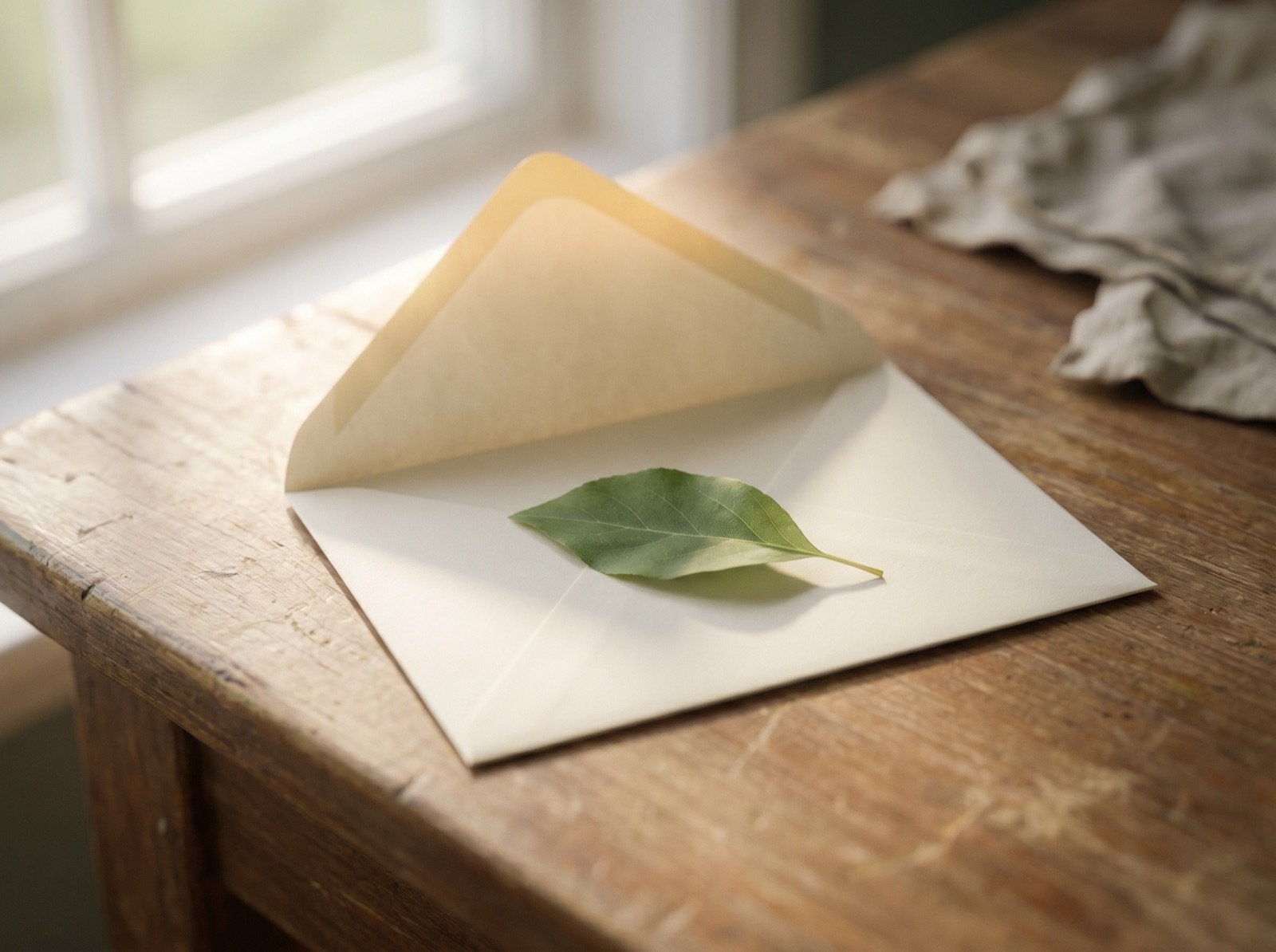 Soft illustration of an open envelope with a leaf