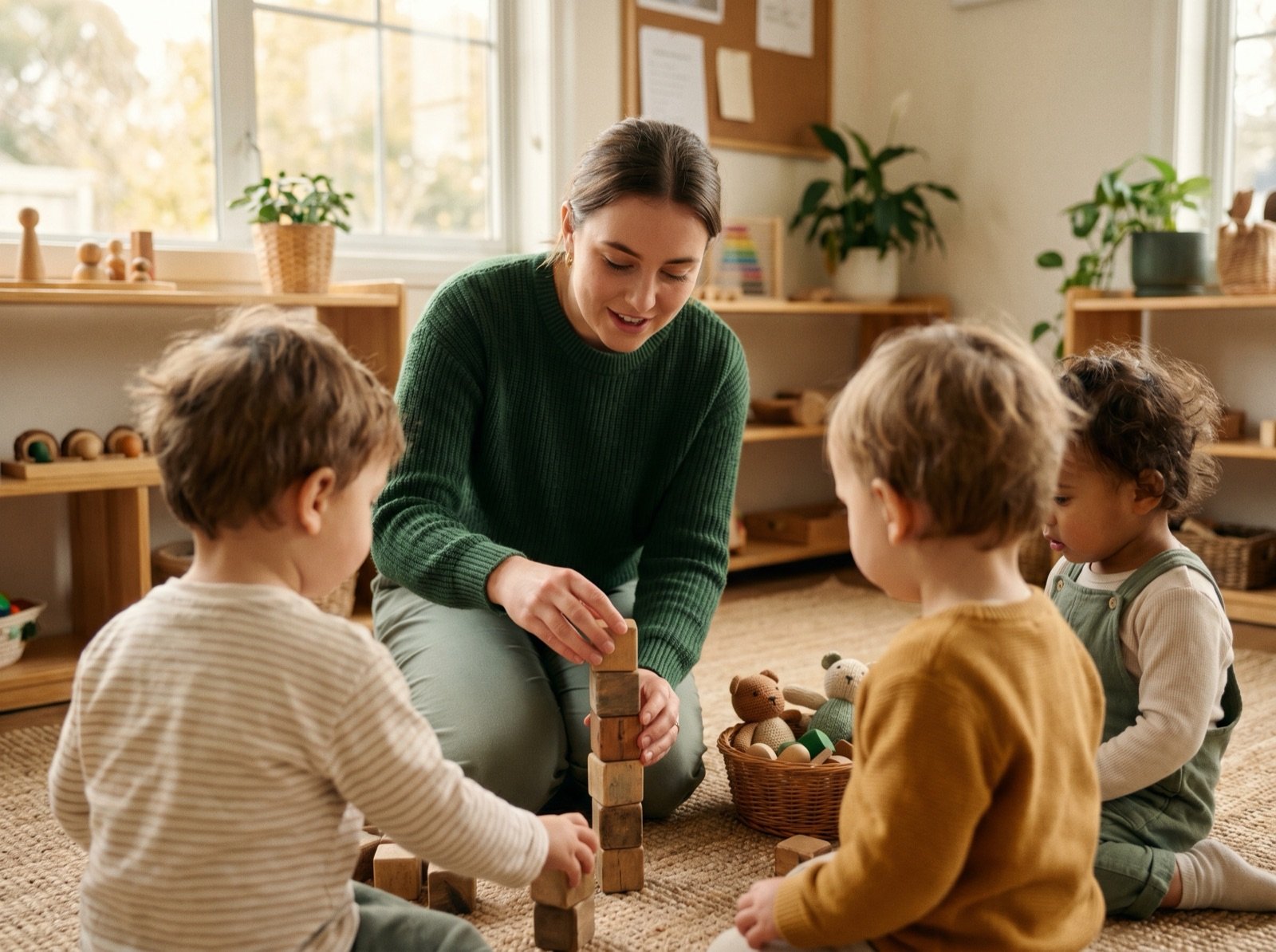 Ms Tee at eye level with children during shared play
