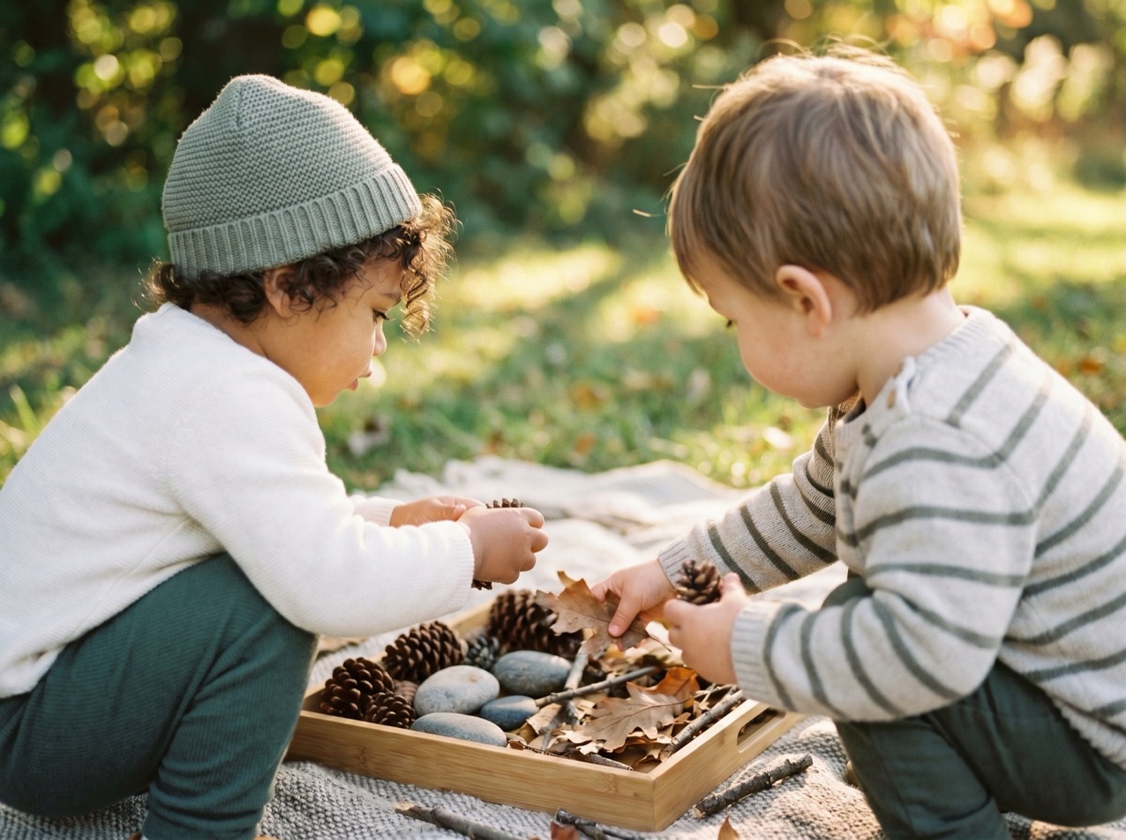 Children playing outdoors with natural materials