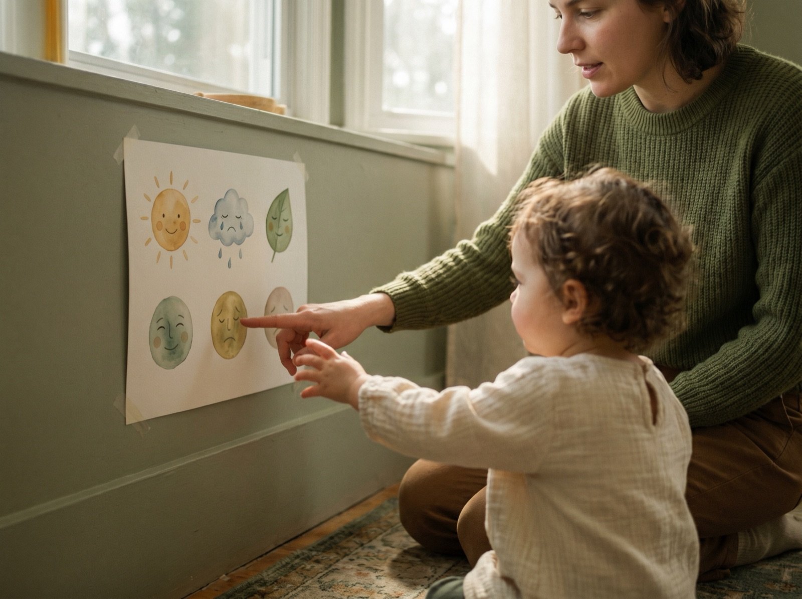 Caregiver pointing to feelings chart with a child