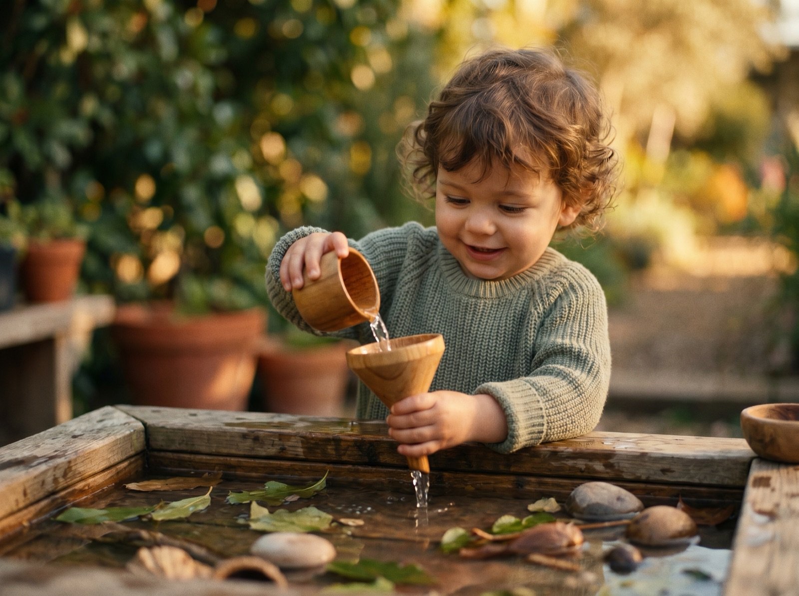 A toddler pouring water at a sensory table outdoors
