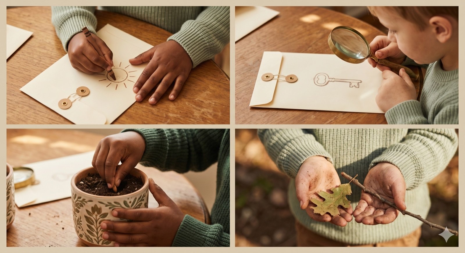 Four Saturday Club cards: Letters, Escape Room, Seeds of Kindness, Nature Play