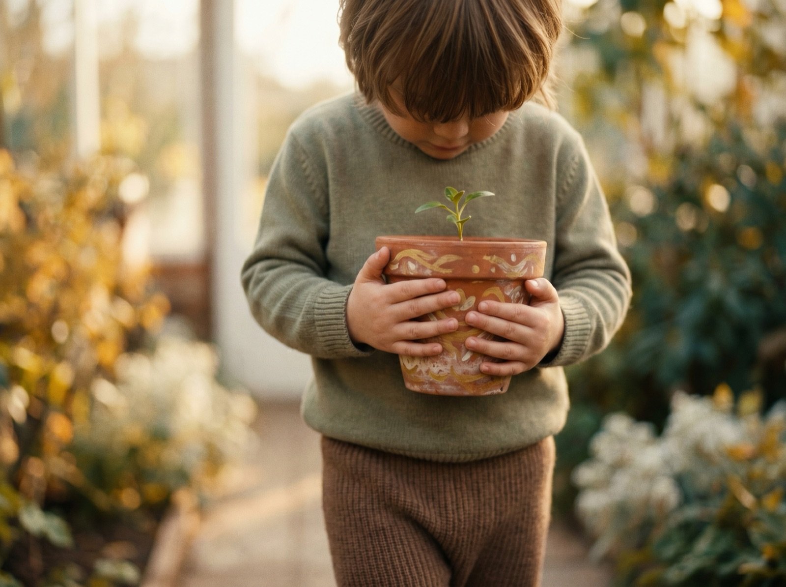 Child holding a decorated pot with a seedling