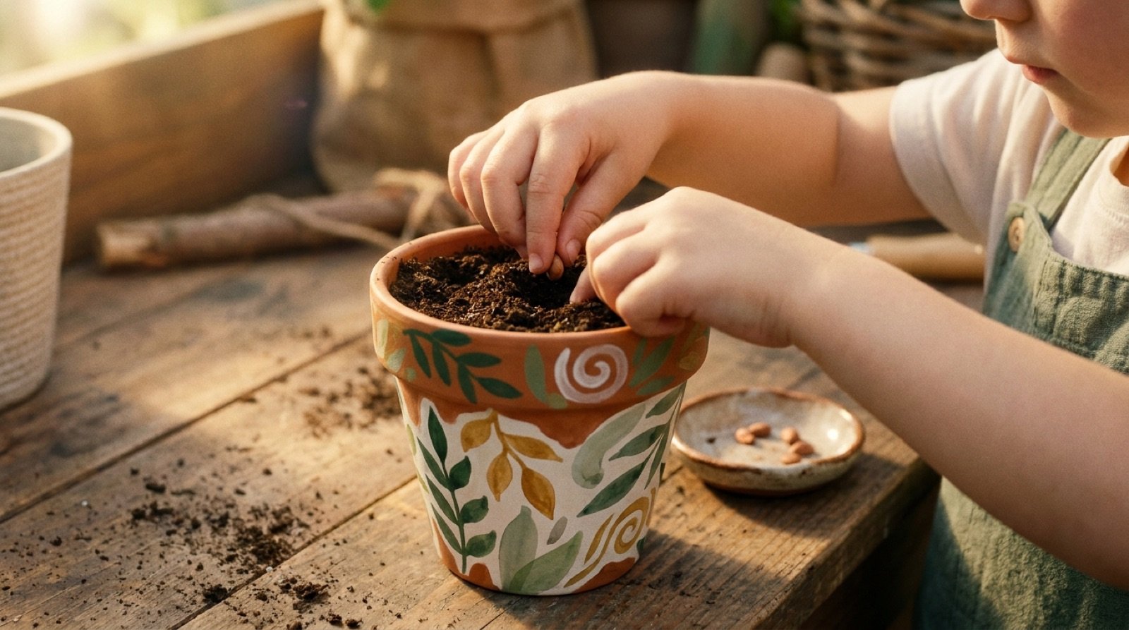 Small hands pressing a seed into soil in a decorated pot