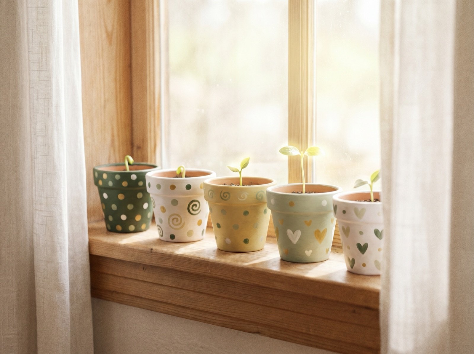 Row of decorated pots with tiny green sprouts on a sunny windowsill