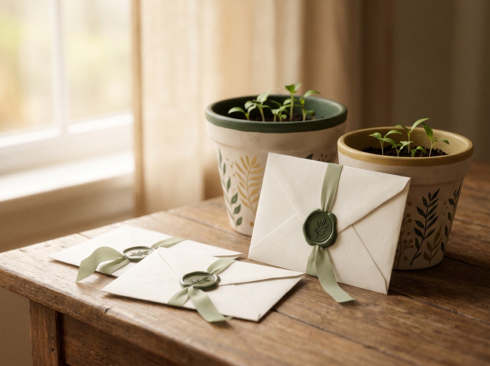 Finished letters in envelopes alongside decorated plant pots