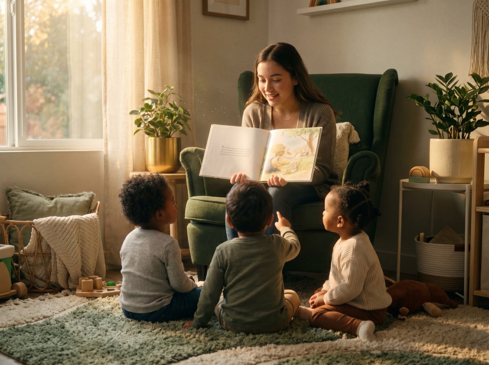 Ms. Tee reading to a small group of toddlers