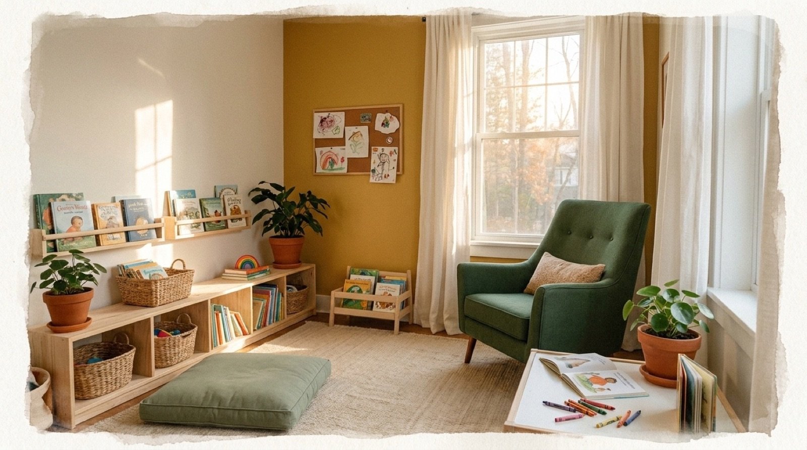 Cozy childcare corner with books and art
