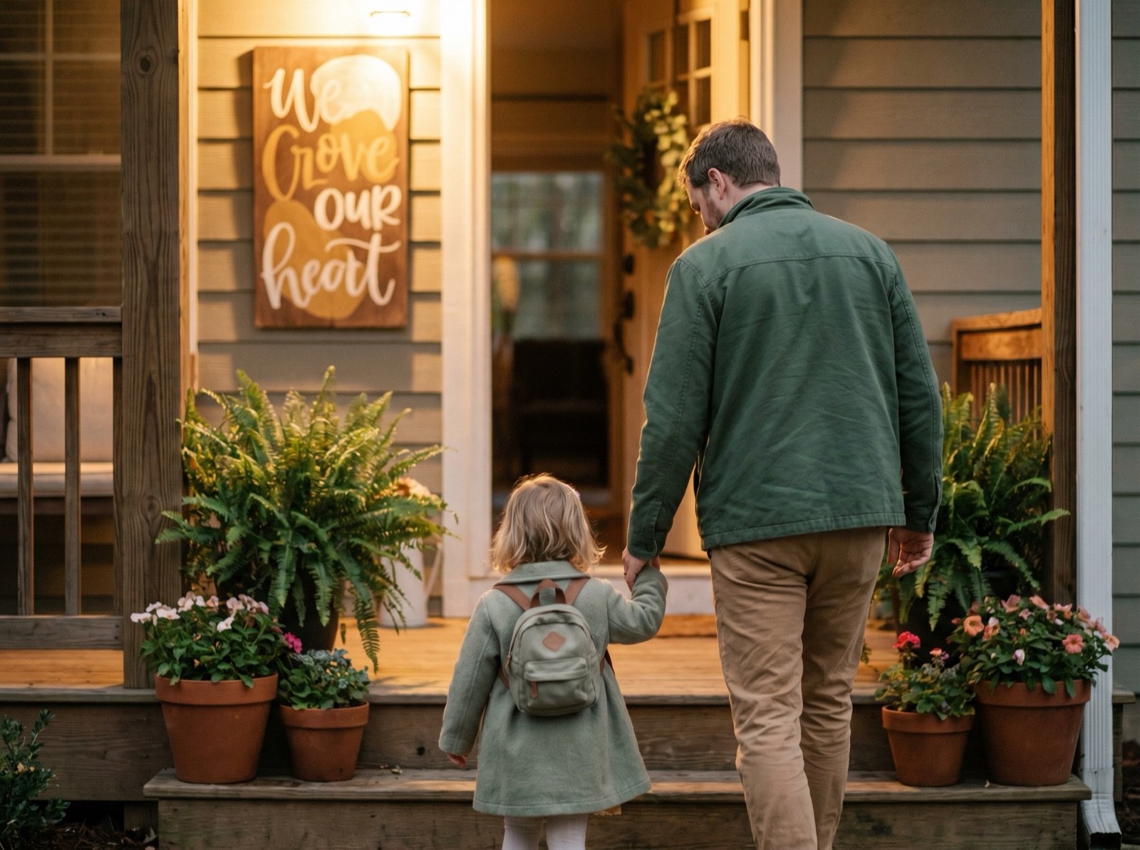 Parent drop-off · warm morning scene